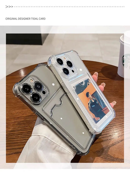 Transparent Card Slot Bag Holder Case For iPhone 16 15 14 13 12 11 Pro Max Mini X XR 7 8 Plus Clear Wallet Shockproof Soft Cover